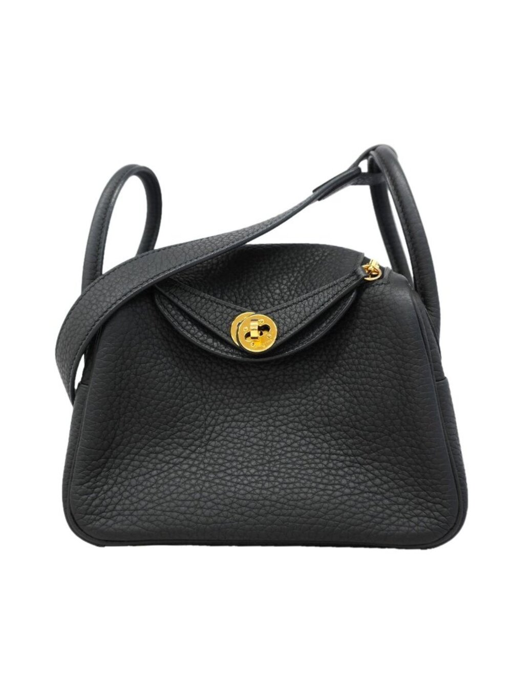 Hermes Handbag Lindy Mini Taurillon Clemence Black Gold 2-Way Bag